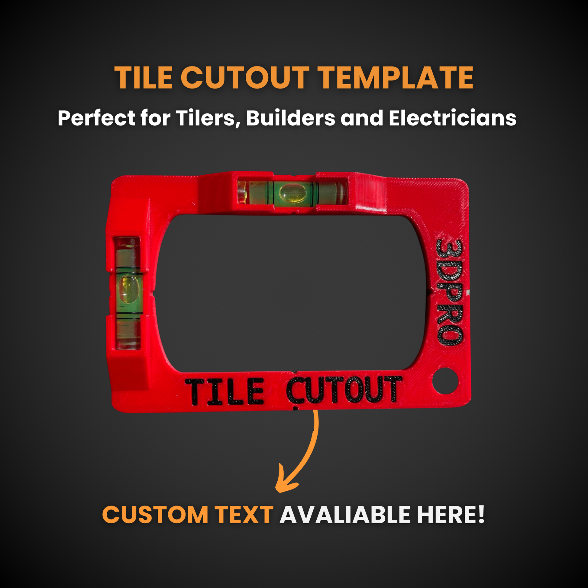 Red tile cutout template with measurement tools on a dark background. Perfect for tilers, builders, and electricians.