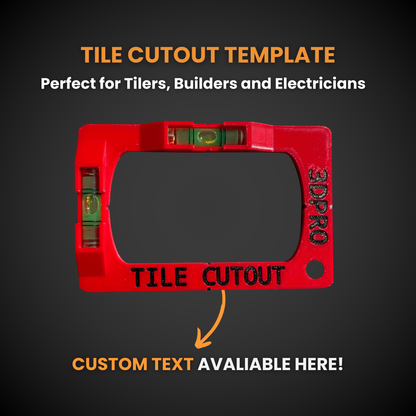 Red tile cutout template with measurement tools on a dark background. Perfect for tilers, builders, and electricians.