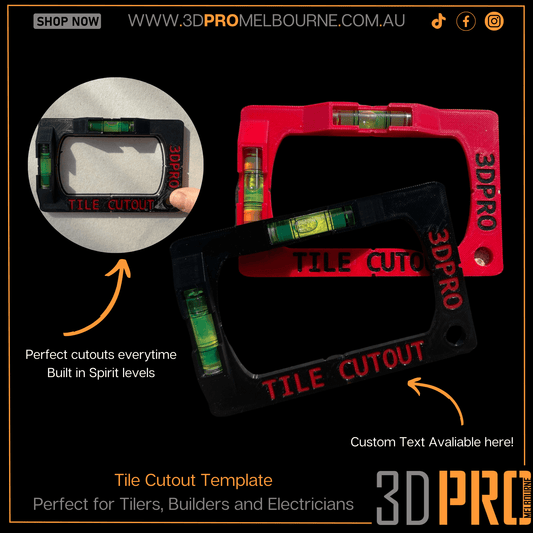 Tile cut-out template with built-in spirit levels, predominantly red with black text, designed for use by tilers and builders.