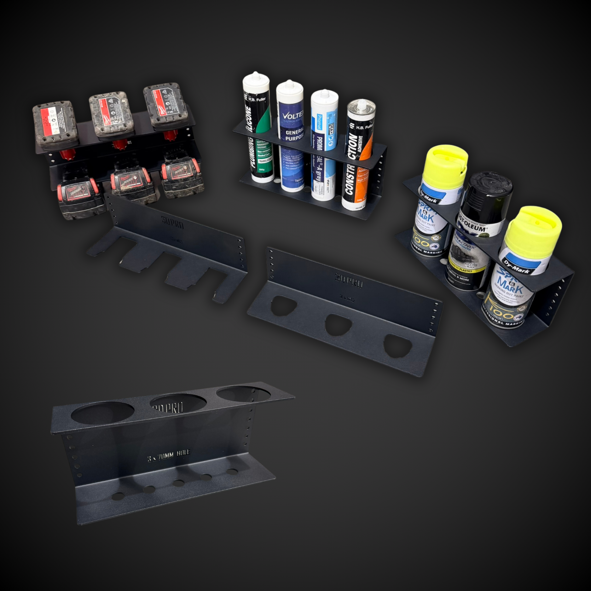 Collection of spray cans and tools on a dark background