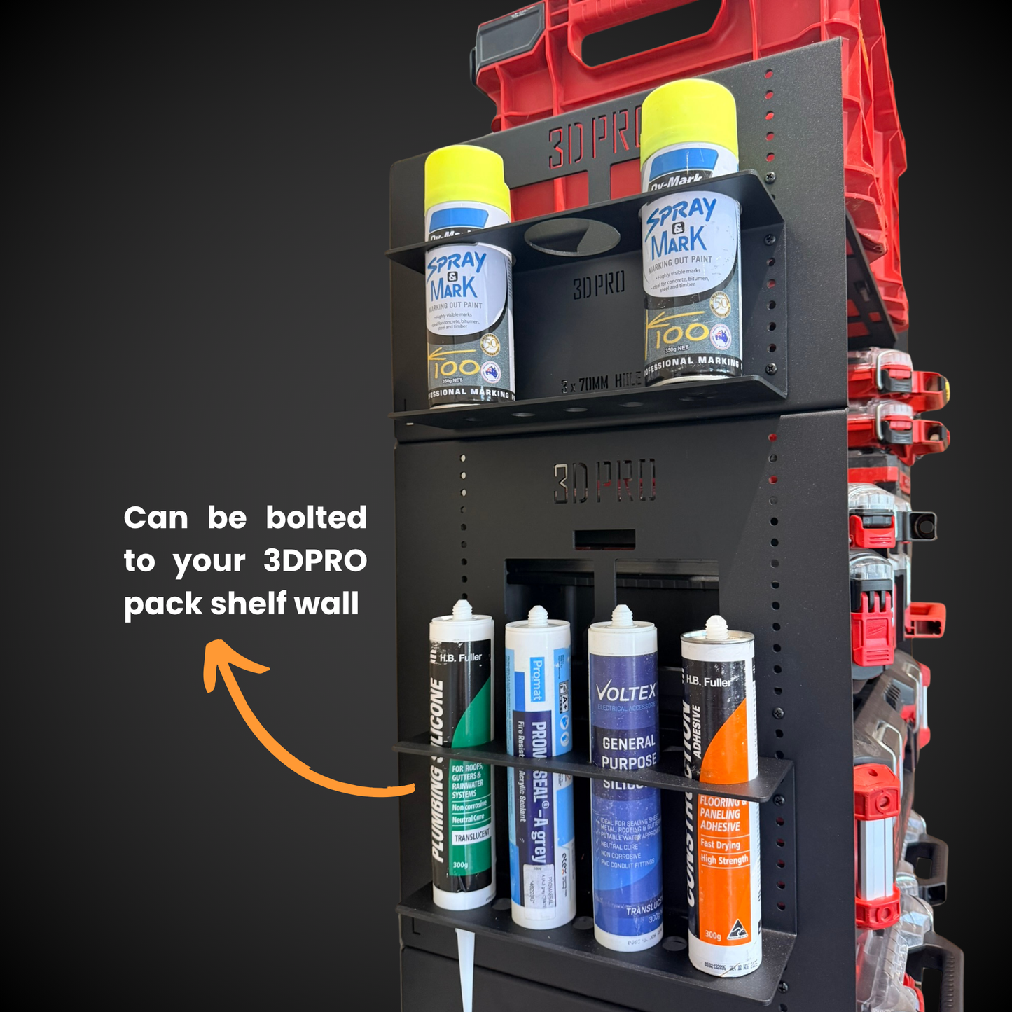 3DPRO spray paint can holder with various spray paint cans on a black background