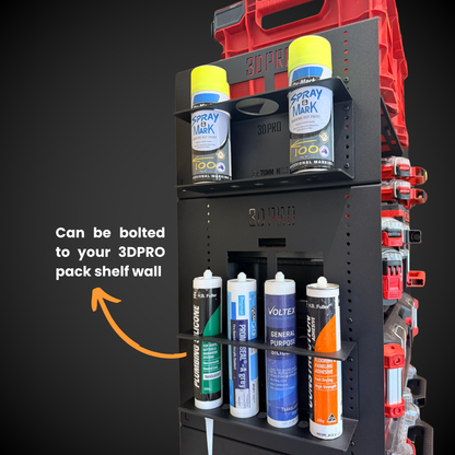 3DPRO spray paint can holder with various spray paint cans on a black background