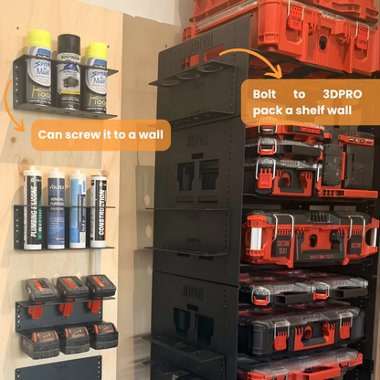 Tool storage system with shelves and toolboxes on a wall with a Triple Paint Can Holder (Pack a Shelf) from 3DPRO