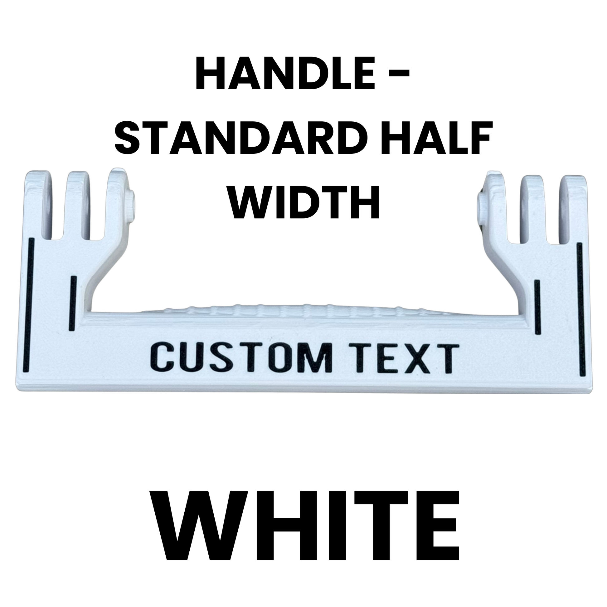 White handle with customizable text on a white background
