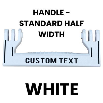 White handle with customizable text on a white background