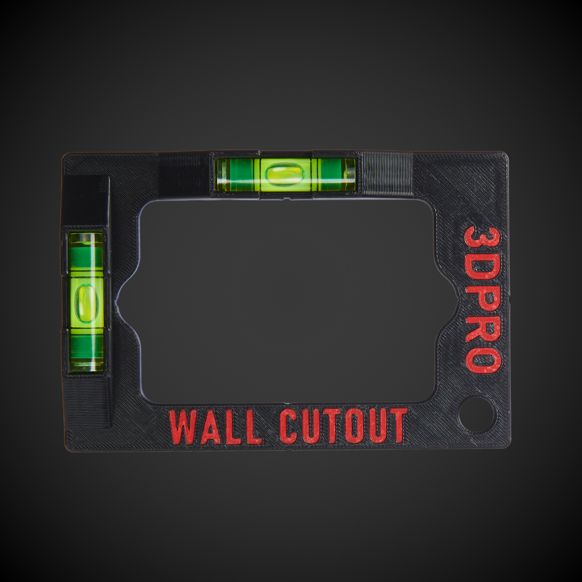 3DPro wall cutout template with spirit levels on a black background