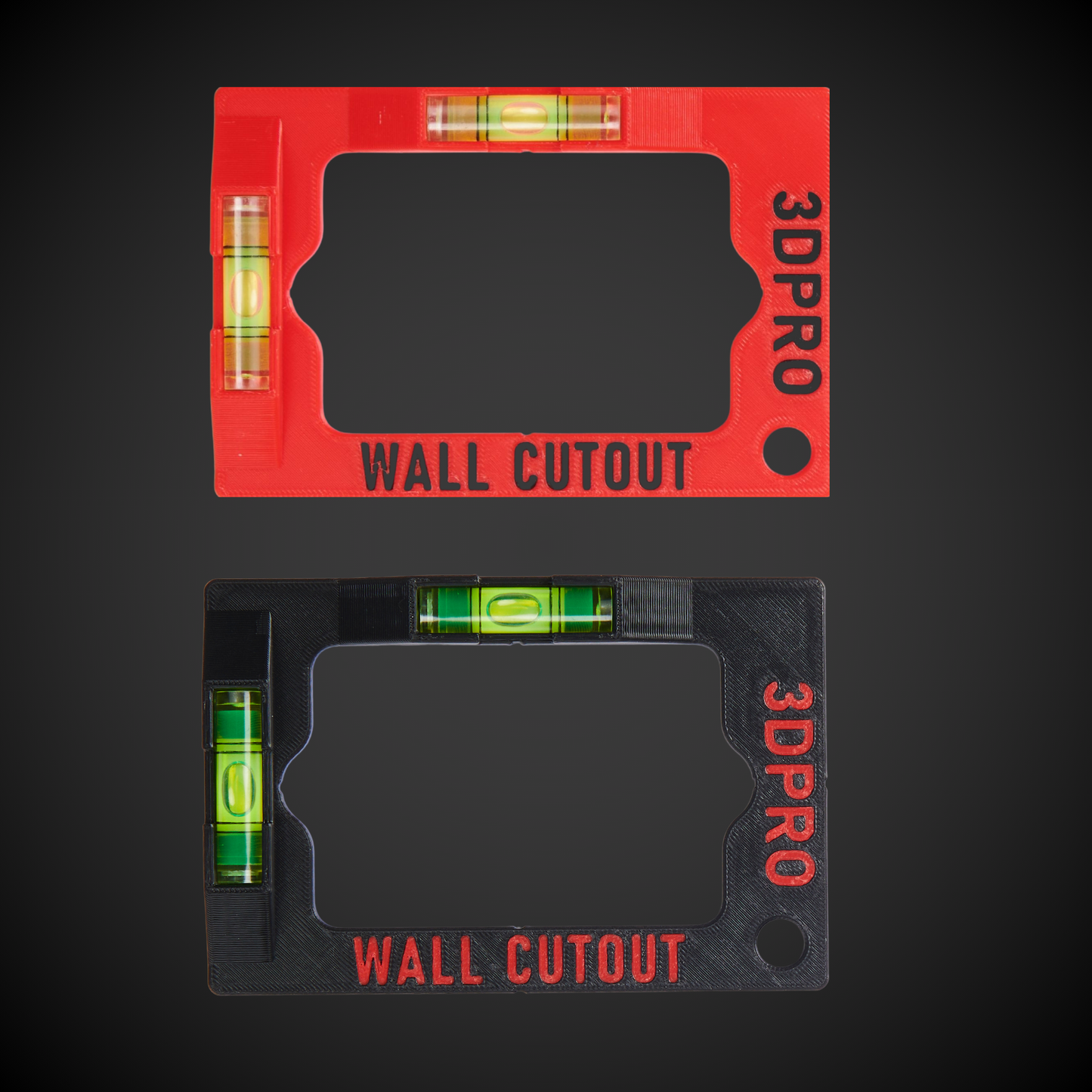Two '3DPRO Wall Cutout' tools with level indicators on a dark background